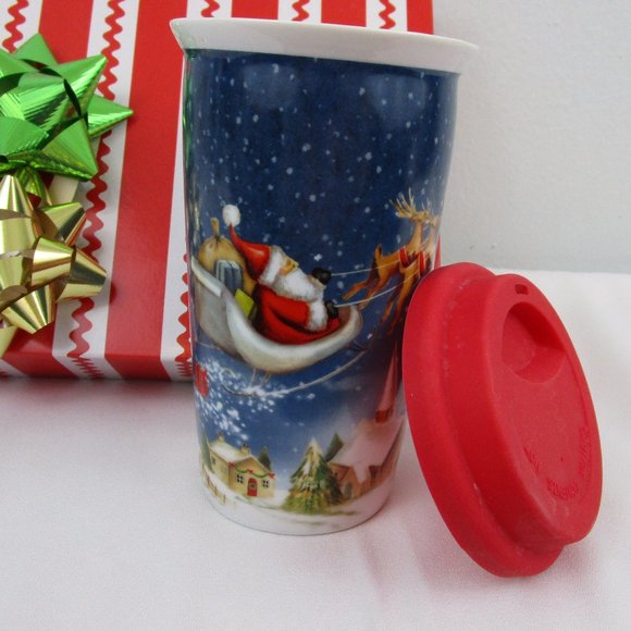 NWOT Pier 1 Ceramic Christmas Travel Mug - Picture 1 of 6